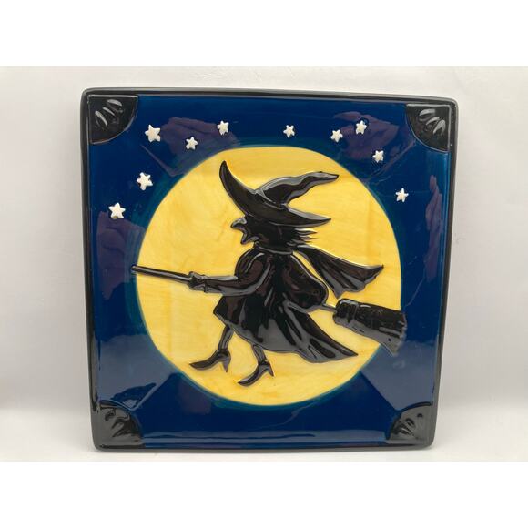 Halloween Decor Square 8" Plate Witch Broom Full Moon Stars Yellow Blue Black - Picture 1 of 5